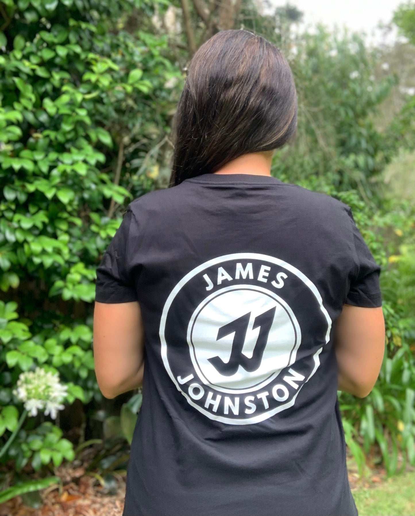 Ladies | Black T-shirt -  'JJ' - Large Round JJ Logo Back