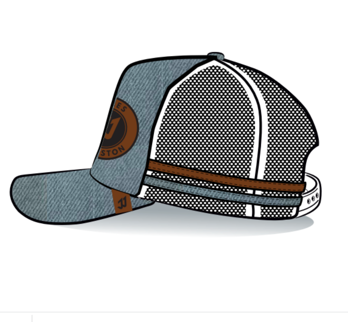 JJ Blue Denim/Brown Leather Trucker Cap